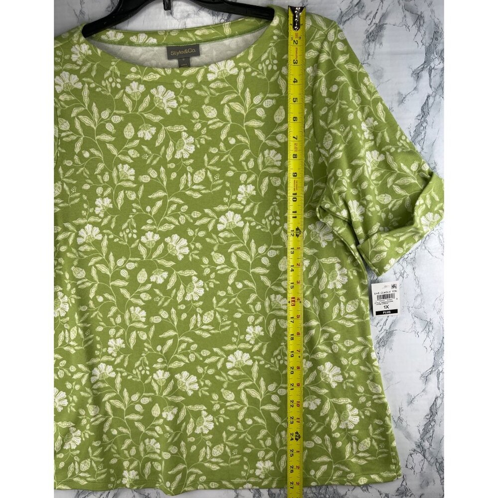 Style&Co. Womens Plus Size 1X Green Floral Print Elbow Sleeve Tee - Picture 3 of 9